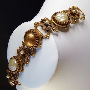 Vintage Pearl and Champagne Gold Book Bracelet in Antique Gold